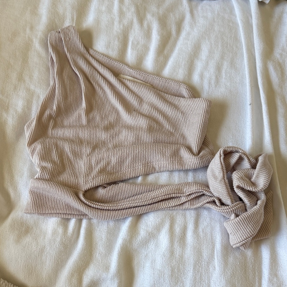 Beige Ribbed One-Shoulder Top